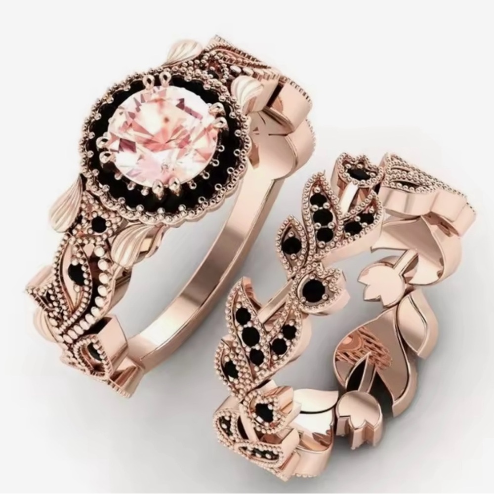 NEW Rose Gold Floral Ring Set with Black Accents